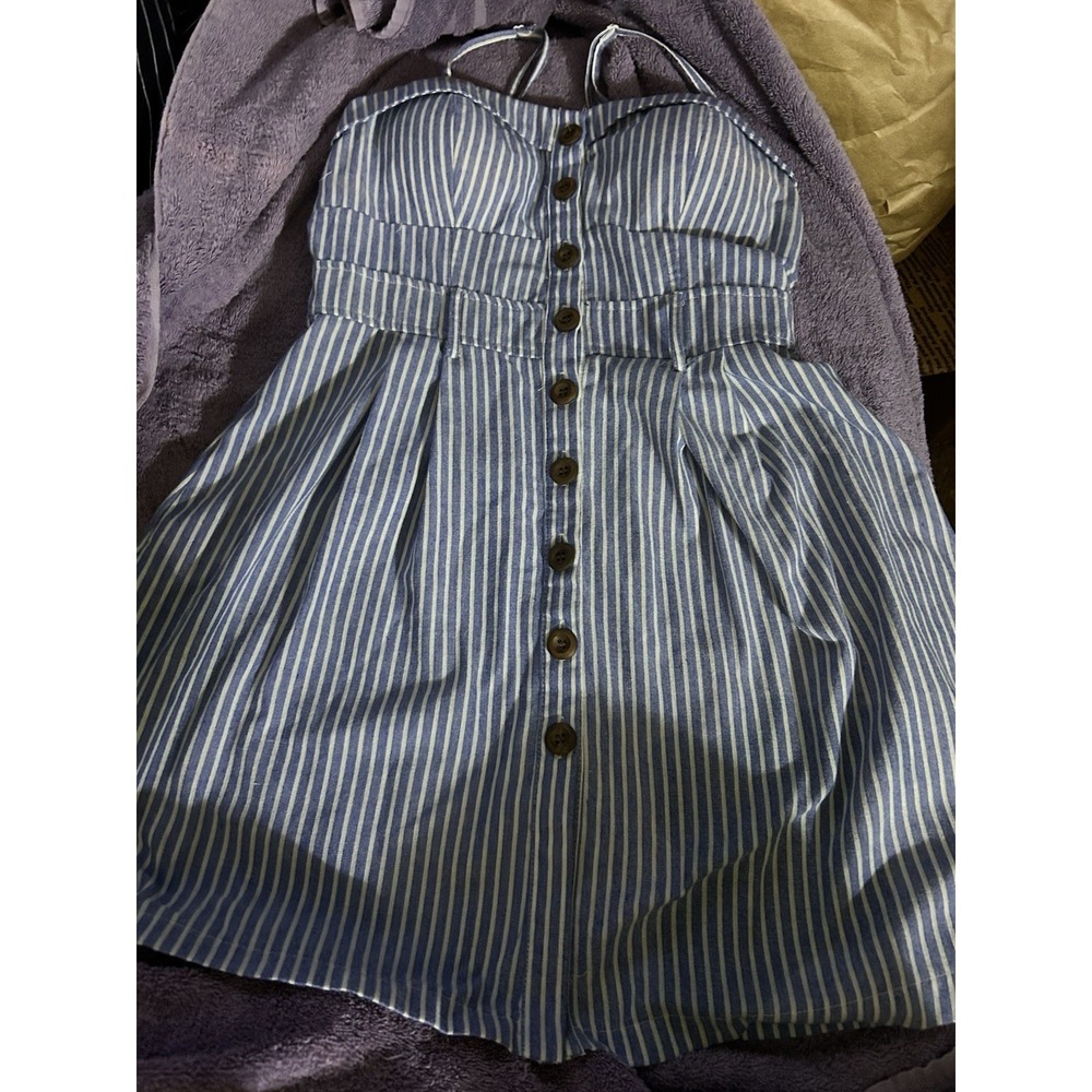 Mind Code Blue White Striped Mini Dress Womens Wood Button Front Pleated! Large‎